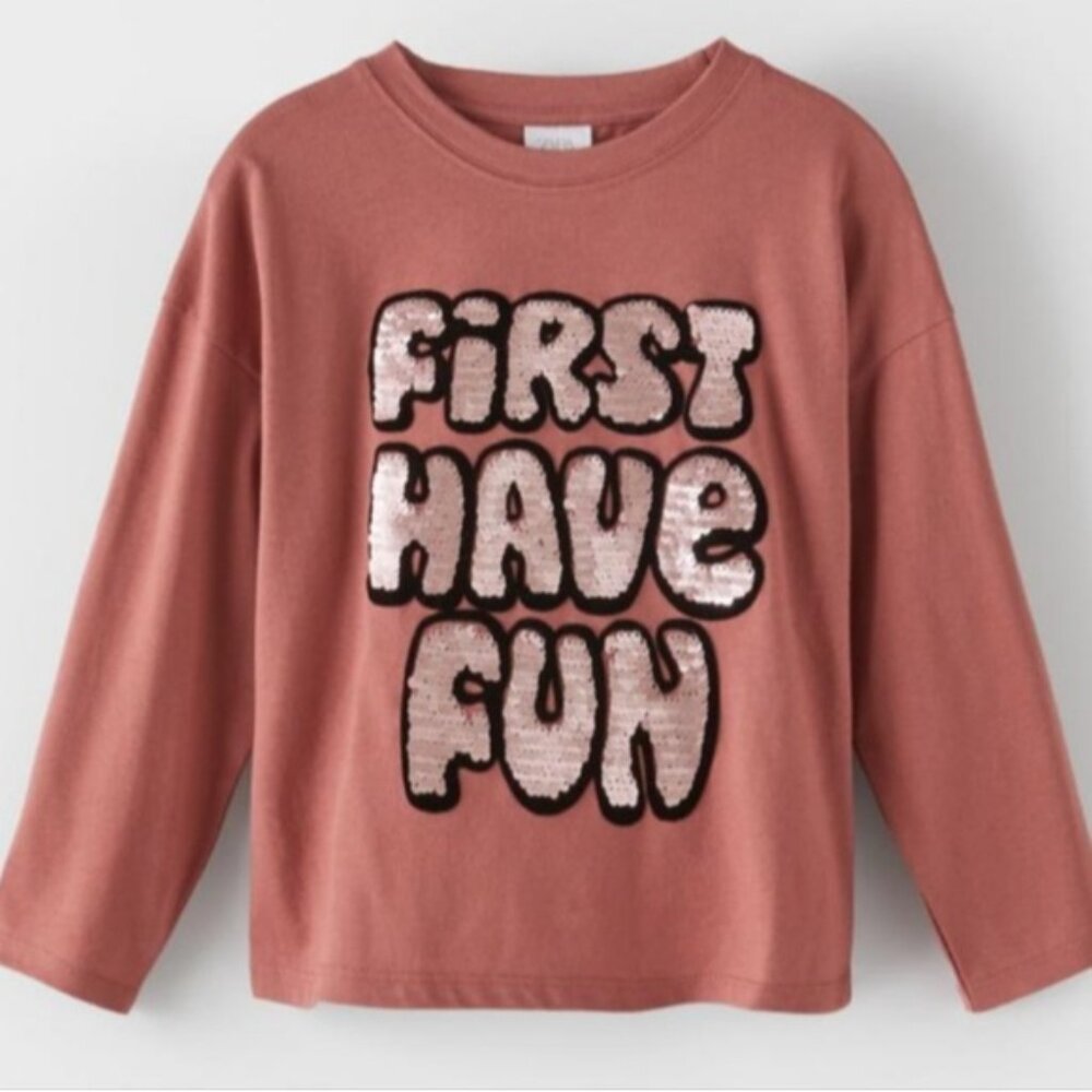 💠Zara Long Sleeve Top Girls Size 11 12 Pink Flip Sequin Graphic Tshirt